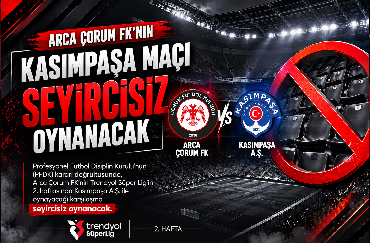 ARCA CORUM FK'NIN KASIMPASA MAÇI SEYİRCİSİZ OYNANACAK
